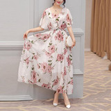 Chic Round Neck  Floral Printed  Chiffon Maxi Dress