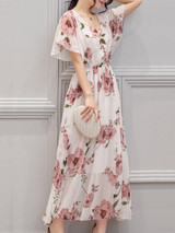Chic Round Neck  Floral Printed  Chiffon Maxi Dress