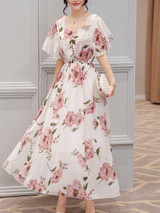 Chic Round Neck  Floral Printed  Chiffon Maxi Dress