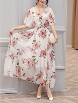 Chic Round Neck  Floral Printed  Chiffon Maxi Dress