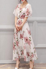 Chic Round Neck  Floral Printed  Chiffon Maxi Dress