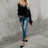 Spaghetti Straps Lace Patchwork Long Sleeve Blouses