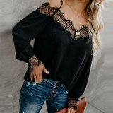 Spaghetti Straps Lace Patchwork Long Sleeve Blouses