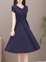 V-Neck  Drawstring  Plain  Drawstring Skater Dress
