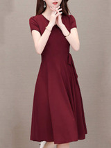 V-Neck  Drawstring  Plain  Drawstring Skater Dress