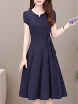 V-Neck  Drawstring  Plain  Drawstring Skater Dress