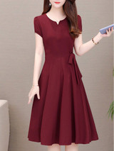 V-Neck  Drawstring  Plain  Drawstring Skater Dress