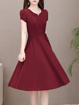 V-Neck  Drawstring  Plain  Drawstring Skater Dress