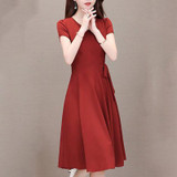 V-Neck  Drawstring  Plain  Drawstring Skater Dress
