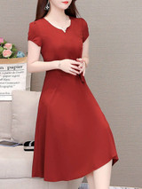 V-Neck  Drawstring  Plain  Drawstring Skater Dress