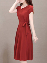 V-Neck  Drawstring  Plain  Drawstring Skater Dress