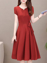 V-Neck  Drawstring  Plain  Drawstring Skater Dress