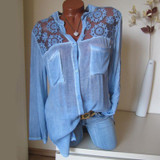 Cotton/Linen Lace Plain  Long Sleeve Blouse
