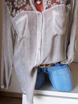 Cotton/Linen Lace Plain  Long Sleeve Blouse