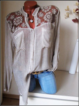 Cotton/Linen Lace Plain  Long Sleeve Blouse