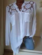Cotton/Linen Lace Plain  Long Sleeve Blouse
