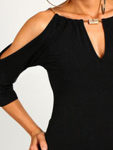 Open Shoulder V Neck  Hollow Out Plain T-Shirts