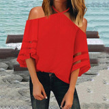 Sexy Halter Strapless Bell Sleeve Stitching Mesh T-Shirts