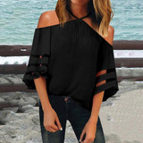 Sexy Halter Strapless Bell Sleeve Stitching Mesh T-Shirts