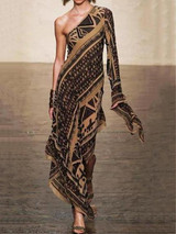 One-Shoulder Fashion Elegant Floral Printed Maxi Dress