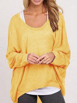 Round Neck  Asymmetric Hem  Plain  Batwing Sleeve Sweaters