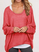 Round Neck  Asymmetric Hem  Plain  Batwing Sleeve Sweaters