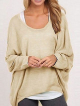 Round Neck  Asymmetric Hem  Plain  Batwing Sleeve Sweaters