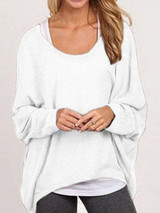 Round Neck  Asymmetric Hem  Plain  Batwing Sleeve Sweaters