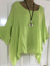 Round Neck  Asymmetric Hem  Plain Blouses