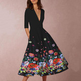 Deep V-Neck Floral Printed Skater Dress