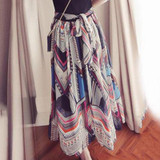 V-Neck Bowknot Patchwork Printed Midi Skirt