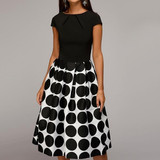 Fashion Polka Dot Printed Short Sleeve Midi Skater Dress