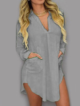 Turn Down Collar Patch Pocket  Plain Casual Dress