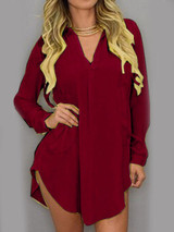 Turn Down Collar Patch Pocket  Plain Casual Dress