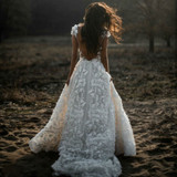 3D Floral Appliques Backless Bohemian Wedding Dress