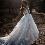 3D Floral Appliques Backless Bohemian Wedding Dress