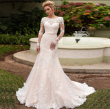 Long Sleeves Lace-up Back Tulle Mermaid Wedding Gown