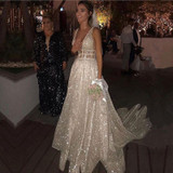 Sparkly White Sequined Backless Wedding Gown