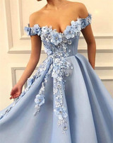 Off The Shoulder Flowers Blue Prom Dress