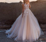 Scoop Lace Sleeveless Tulle Long Train Bridal Gown