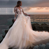 Backless Lace Illusion Full Sleeves Wedding Dress