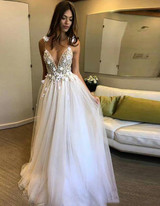Deep V-neck Flowery Appliques Backless Bridal Gown