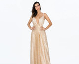 Sequined Gold Spaghetti Strap Party Gown