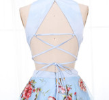 Blue Floral Print Evening Gown