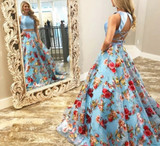 Blue Floral Print Evening Gown