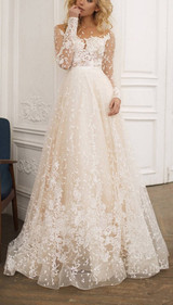Tulle Appliques Long Sleeves Backless Bridal Gown