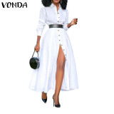 Loose Long Sleeve Shirt Dress 2021 VONDA Fashion Womens Vintage Solid Color Dresses OL Office Sexy Split Party Long Vestidos 5XL