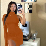 Simenual One Shoulder Long Sleeve Women Bodycon Party Dress. Side Slit Fashion. Sexy Skinny Clubwear Mini Dress