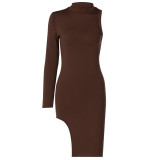Simenual One Shoulder Long Sleeve Women Bodycon Party Dress. Side Slit Fashion. Sexy Skinny Clubwear Mini Dress