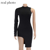 Simenual One Shoulder Long Sleeve Women Bodycon Party Dress. Side Slit Fashion. Sexy Skinny Clubwear Mini Dress